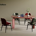 Modern Pink Round Dining Table Set With Four Stylish Chairs And Decorative Vase Plant