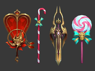 Ornate Fantasy Weapons with Heart Shaped Candy Cane Lollipop Designs and Golden Decorative Bows 3d model