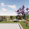 Modern Landscape Wall Design With Trimmed Trees Purple Flowers And Green Lawn