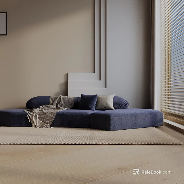 Dark Blue Three Seater Sofa With Pillows Blanket Light Wooden Floor And Window Blinds 3d model 