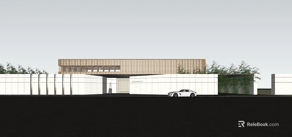 Modern Sales Office Building With White Walls Brown Exterior White Car And Green Plants 3d model 