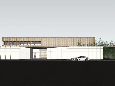 Modern Sales Office Building With White Walls Brown Exterior White Car And Green Plants 3d model