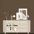 Elegant White Sideboard With Drawers Glass Doors Decorative Items And Green Plants On Beige Wall