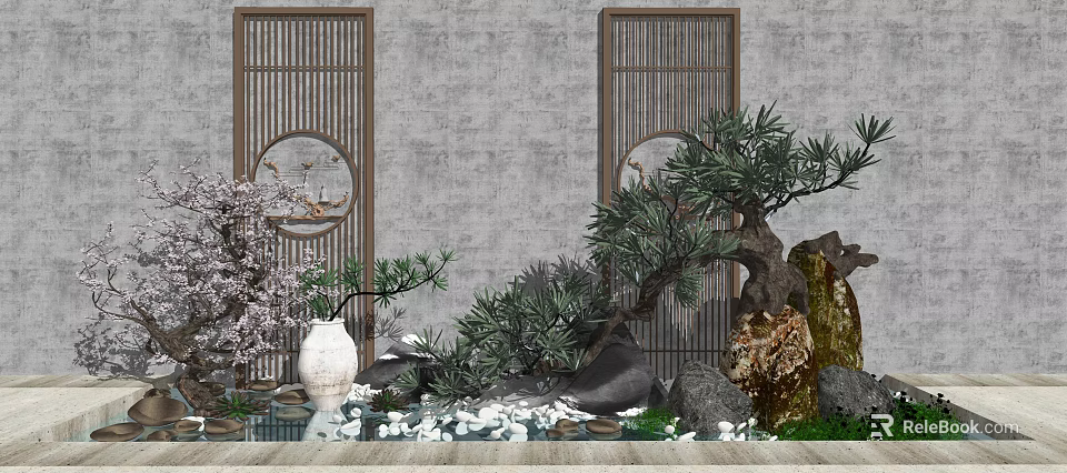 Traditional Chinese Garden Ornament With Rockery Green Plants Vase Pond And Screen 3d model 