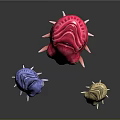 Three Fantasy Game Movie Characters With Blue Pink Beige Bodies Big Yellow Eyes And Tentacles