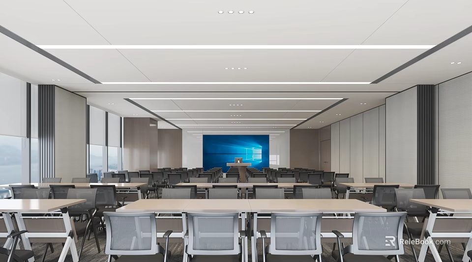 Modern Conference Room Interior With Long Tables Chairs Large Screen And Ceiling Lights 3d model