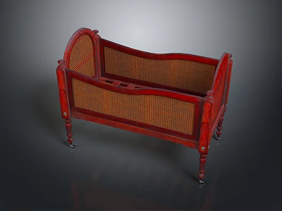 Children's Vintage Red Wooden Baby Crib With Wicker Panels And Rolling Wheels 3d model