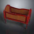 Children's Vintage Red Wooden Baby Crib With Wicker Panels And Rolling Wheels