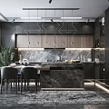 Modern Kitchen Interior With Marble Island Dark Cabinets Pendant Lights And Countertops