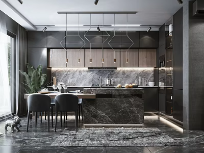 Modern Kitchen Interior With Marble Island Dark Cabinets Pendant Lights And Countertops 3d model