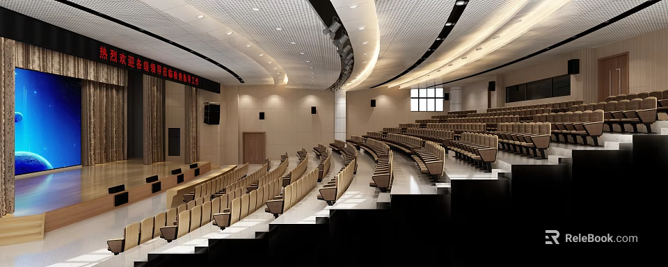 Spacious Modern Conference Room With Stepped Seating And Ceiling Lighting Design 3d model