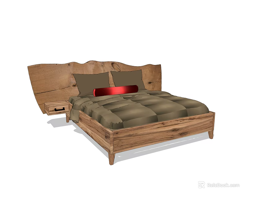 Double Bed With Wooden Frame Natural Wood Headboard Brown Pillows And Red Accent Pillow 3d model 