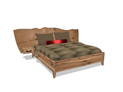 Double Bed With Wooden Frame Natural Wood Headboard Brown Pillows And Red Accent Pillow 3d model