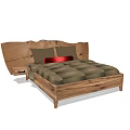 Double Bed With Wooden Frame Natural Wood Headboard Brown Pillows And Red Accent Pillow