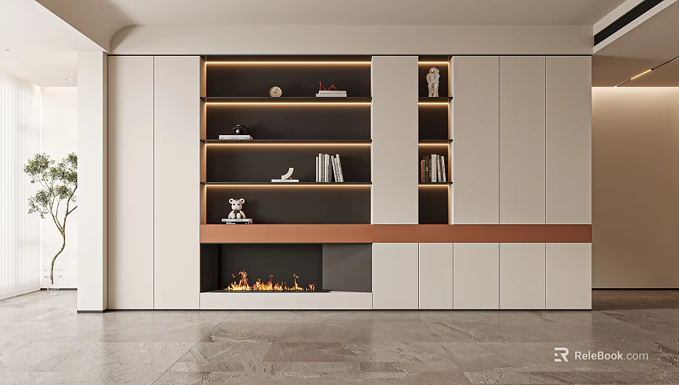 Modern Bookcase Design With Layered Shelves Built in Fireplace And White Wooden Panels 3d model 