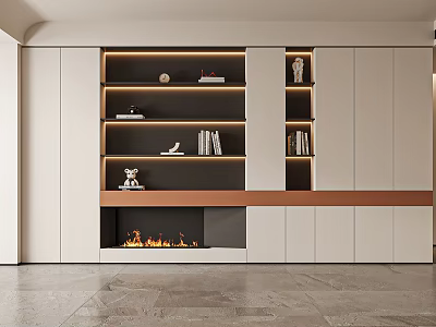 Modern Bookcase Design With Layered Shelves Built in Fireplace And White Wooden Panels 3d model