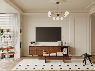 Modern Living Room Interior Design with Large TV Brass Chandelier Wooden Stand and Patterned Rug 3d model