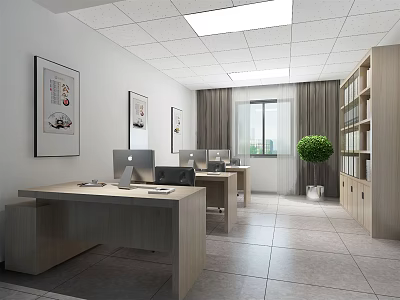 Bright Modern Public Office Space With Desks Computers Bookshelves Potted Plant And Decorative Paintings 3d model