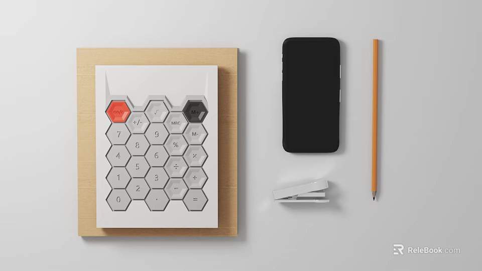 Hexagon Calculator With Black Smartphone Pencil And Stapler On Wooden Board 3d model 