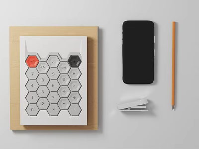 Hexagon Calculator With Black Smartphone Pencil And Stapler On Wooden Board 3d model