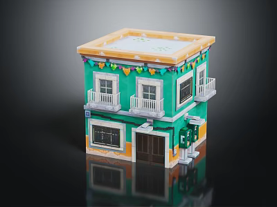 Two story green building model with balconies windows door and roof streamers 3d model