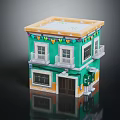 Two story green building model with balconies windows door and roof streamers