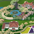 Detached Villa With Red Roof Swimming Pool Green Lawn And Wooden Bridge