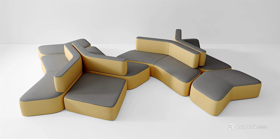 Modern Modular Multi Person Sofa With Geometric Gray And Yellow Sections 3d model