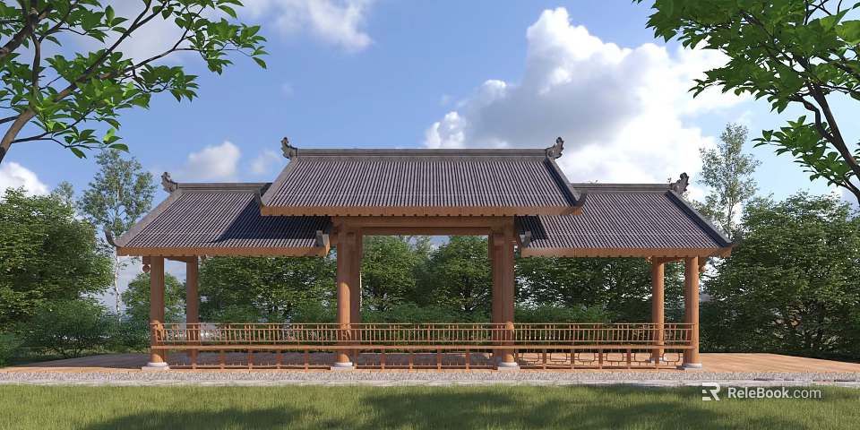 Traditional Chinese Garden Pavilion With Black Tile Roof Wooden Structure And Green Trees 3d model 