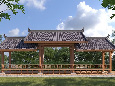 Traditional Chinese Garden Pavilion With Black Tile Roof Wooden Structure And Green Trees 3d model