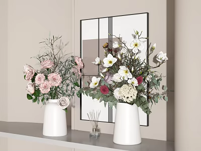 White Vases With Fresh Flowers And Green Foliage On Modern Shelf By Wall Mirror 3d model