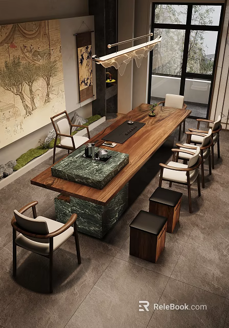 Modern Wooden Tea Table with Marble Top and Matching Chairs in Interior with Tea Sets 3d model 