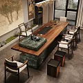 Modern Wooden Tea Table with Marble Top and Matching Chairs in Interior with Tea Sets