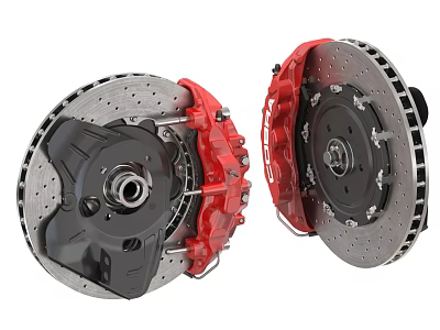 High Performance Car Brake System With Red Calipers And Ventilated Discs 3d model