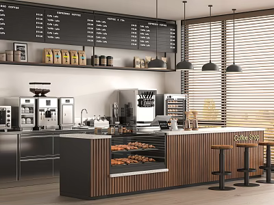 Modern Café Interior Design With Open Bar Coffee Machines Baked Goods And Pendant Lights 3d model