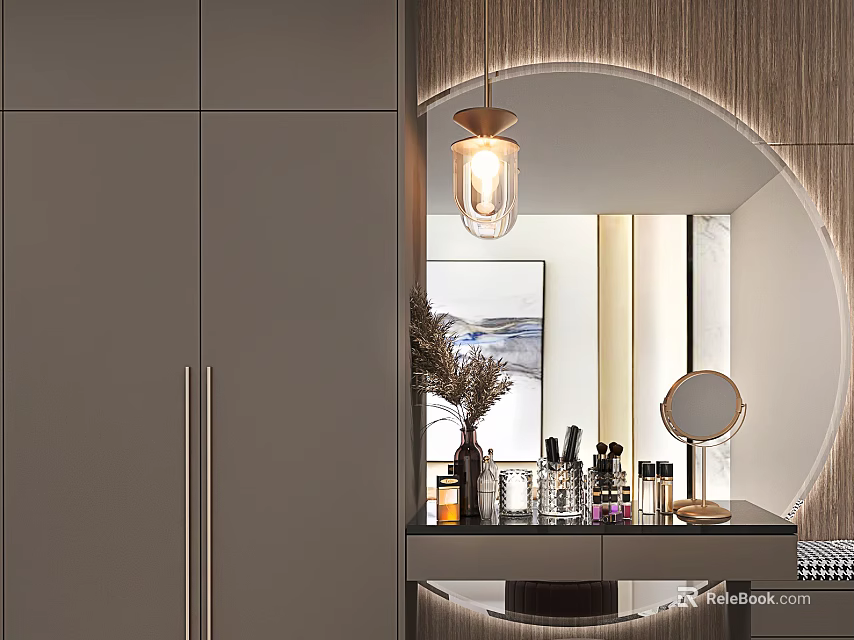 Modern Console And Side Cabinet With Round Mirror Pendant Light And Decorations 3d model 