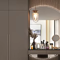 Modern Console And Side Cabinet With Round Mirror Pendant Light And Decorations