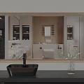 Wooden Frame Bathroom Mirror With Black Sink Green Plant And Reflected Bathroom Interior