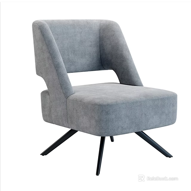 Stylish Gray Fabric Single Seater Sofa With Unique Curved Armrests And Black Metal Legs 3d model 