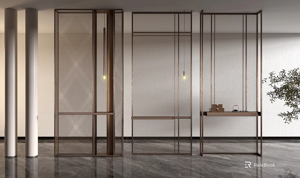 Modern Metal Mesh Room Divider With Frame Structure And Hanging Lights In Interior 3d model 