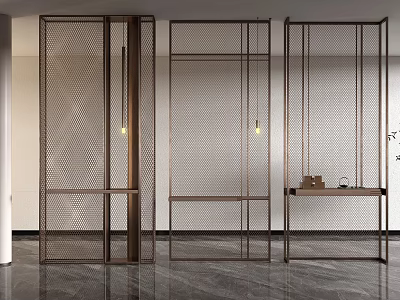 Modern Metal Mesh Room Divider With Frame Structure And Hanging Lights In Interior 3d model