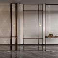 Modern Metal Mesh Room Divider With Frame Structure And Hanging Lights In Interior