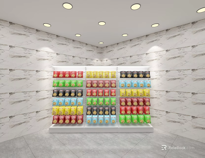 Modern Store Display Shelves Filled With Colorful Canned Drinks Against Marble Wall And Round Lights 3d model 