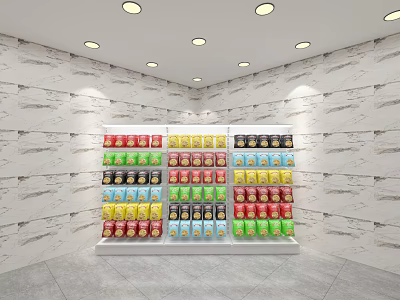 Modern Store Display Shelves Filled With Colorful Canned Drinks Against Marble Wall And Round Lights 3d model