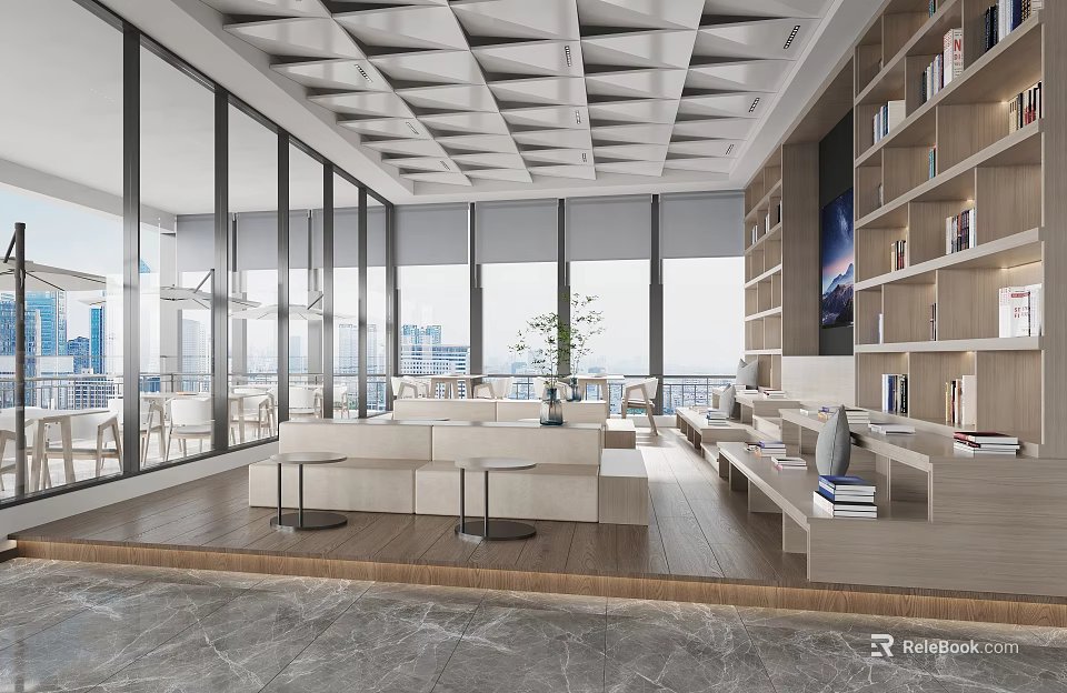 Modern Book Art Space Interior Design With Bookcases And Sofas 3d model