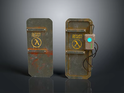 Rusty Metal Doors With RESIST Sign Yellow Symbol Green Button And Wires 3d model