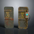 Rusty Metal Doors With RESIST Sign Yellow Symbol Green Button And Wires