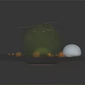 Green Plant Displaying Leaf Purple Flower On Brown Plate With Round Orange Particles Transparent Spheres
