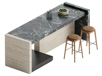 Modern Style Dining Table Set With Marble Countertop And Wooden Bar Stools 3d model