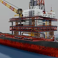 Large Offshore Oil Drilling Platform With Yellow Crane Tower And Support Ship